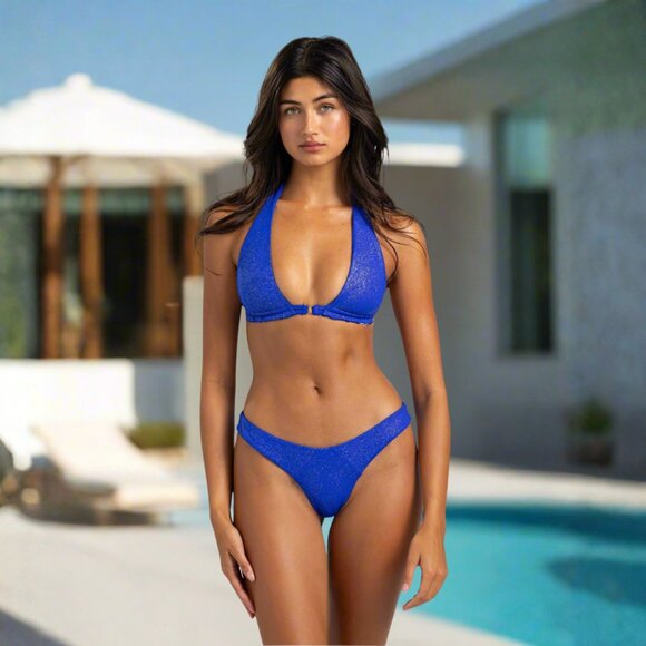 NWT Beach Bunny Swimwear Blue Glitter Georgia Halter Bikini Swimsuit Top Only - Picture 1 of 2